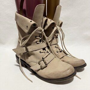 Trouve combat boots beige brown leather size 9 fold down buckle moto block heel